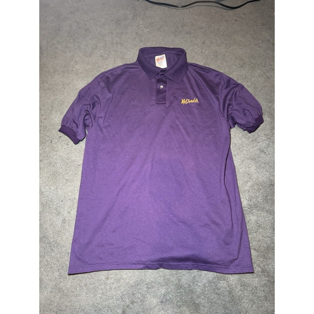 Vintage McDonalds Employee Polo Shirt Purple USA Made Hanes Large Workwear